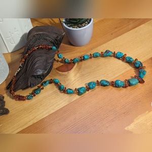 Turquoise & Amber-toned Beaded Necklace
